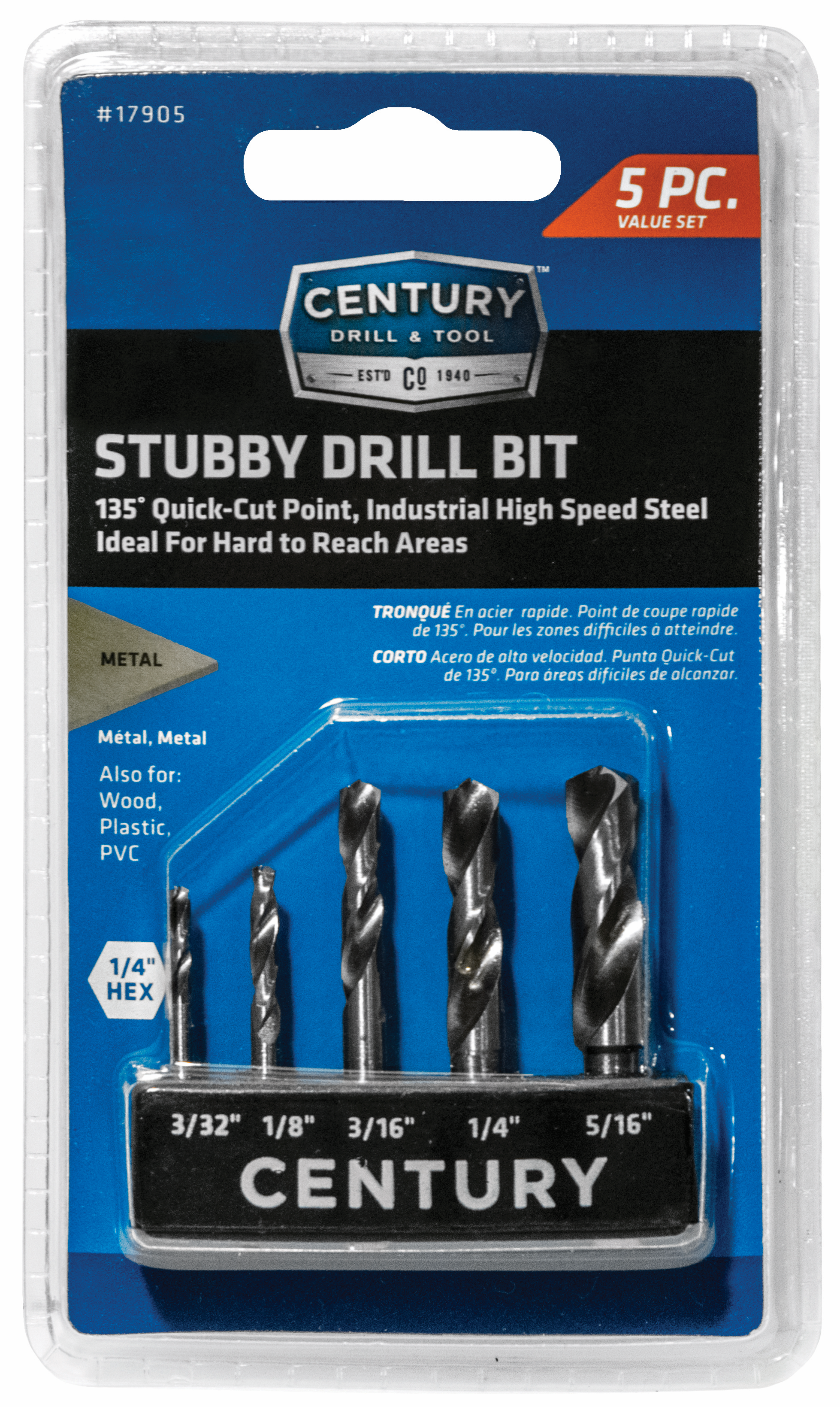 Century Drill & Tool - 5 PIECE STUBBY HEX DRILL SET -  17905